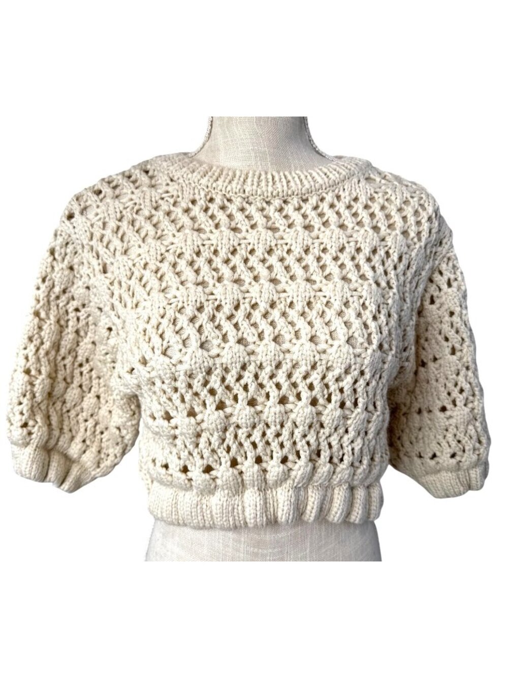 Zara Ivory Crochet Knit Bohemian Cropped Sweater M